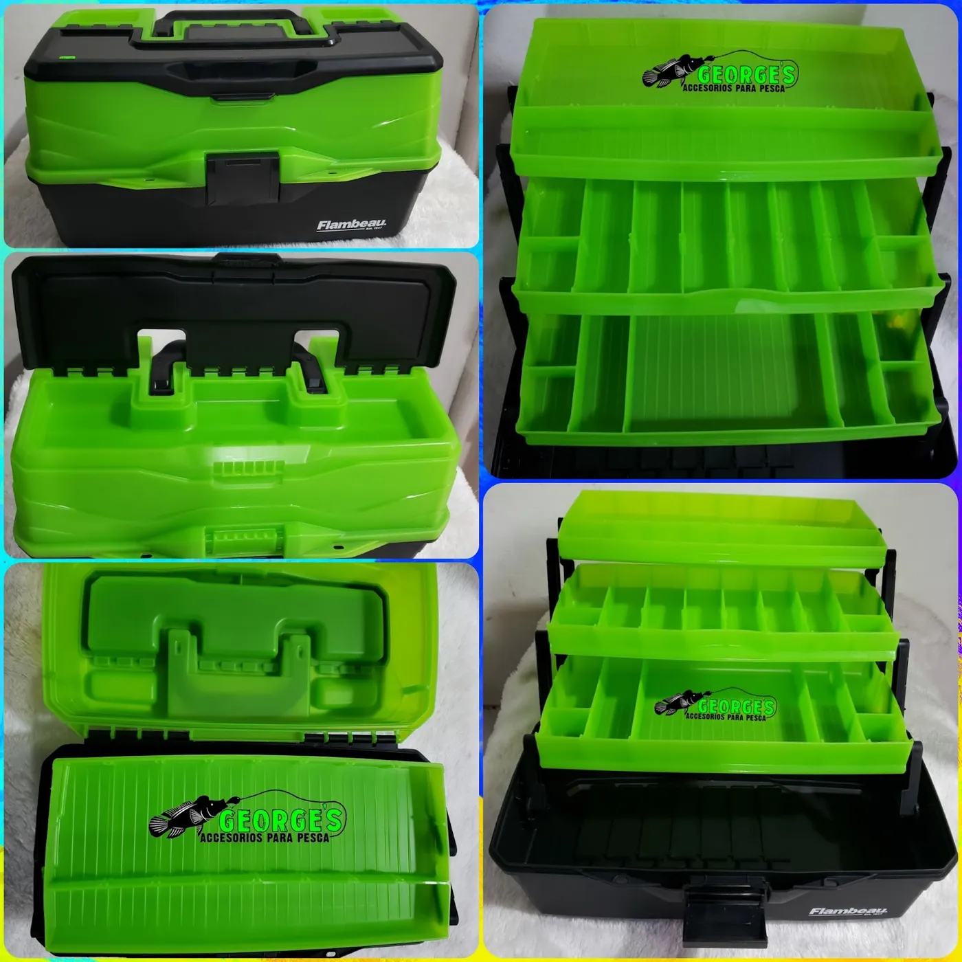 Cajas de pesca verdes con bandejas